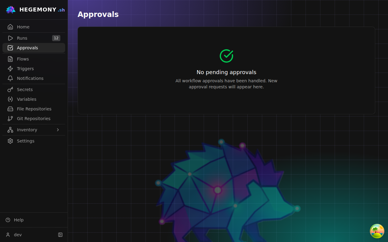 The Approvals screen listing pending approvals