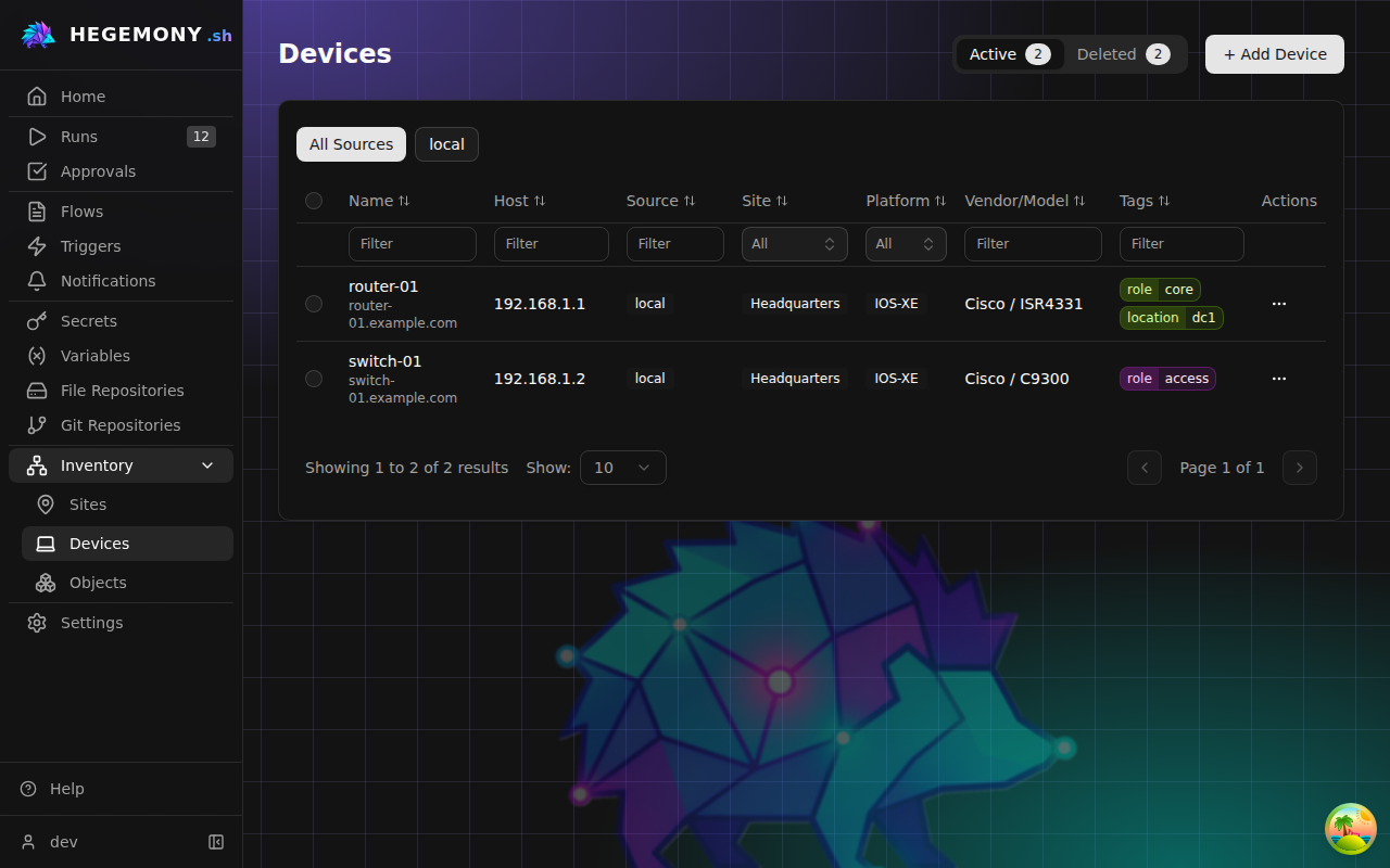 The Devices screen with the device inventory