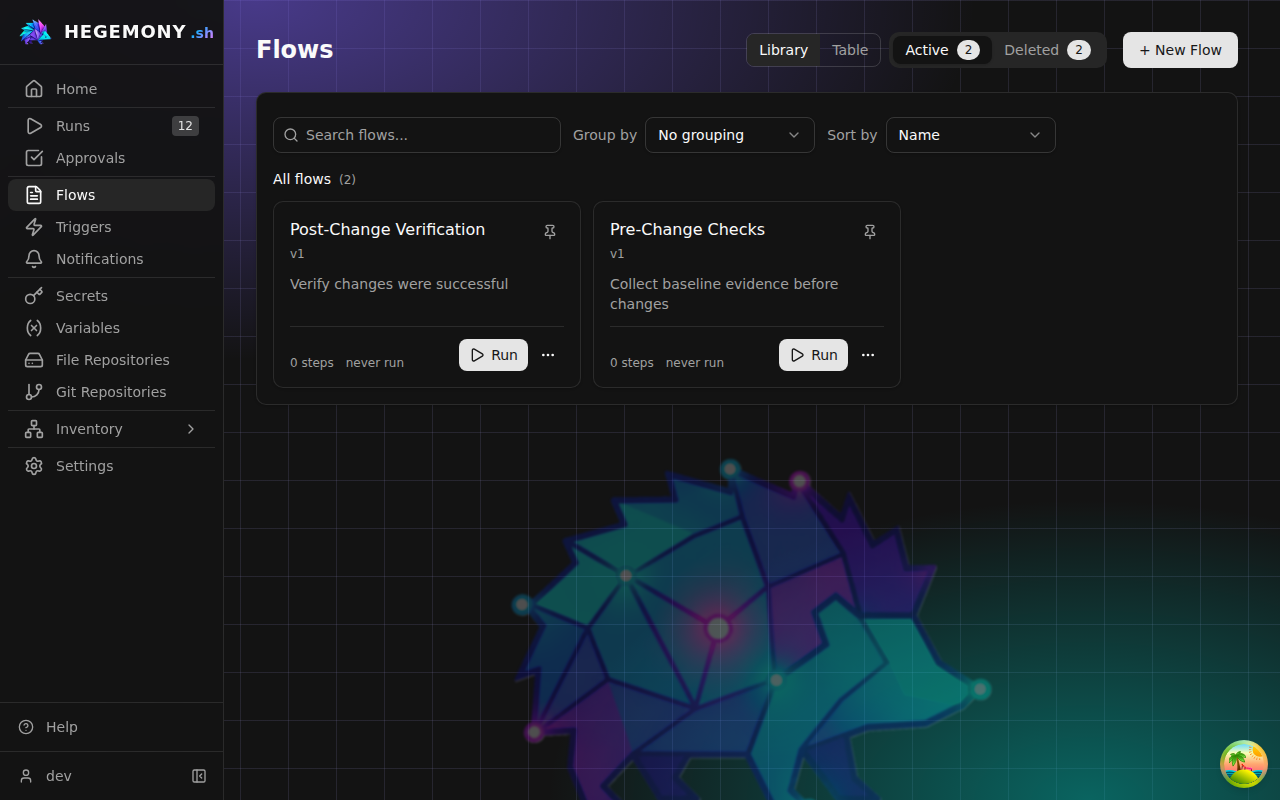 The Flows screen listing the flow catalog