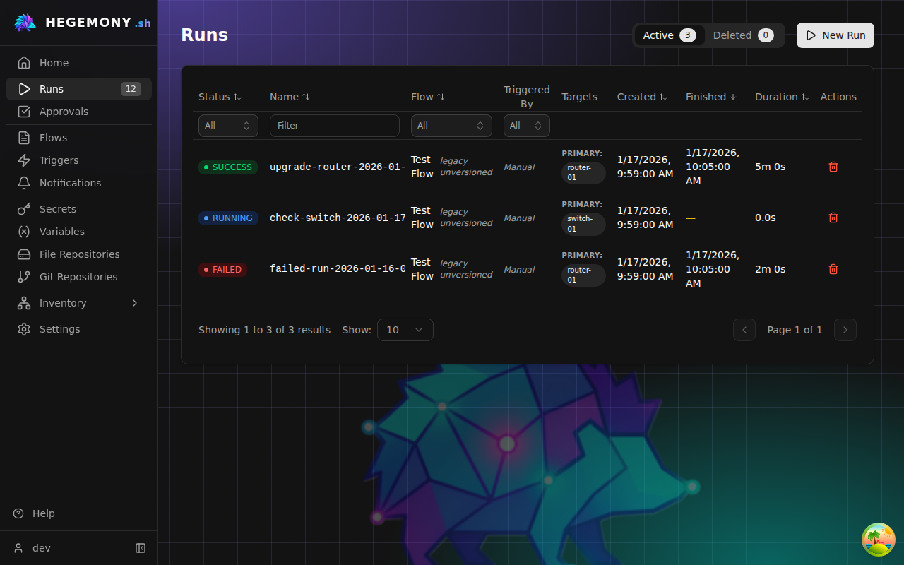 The Runs screen with run history