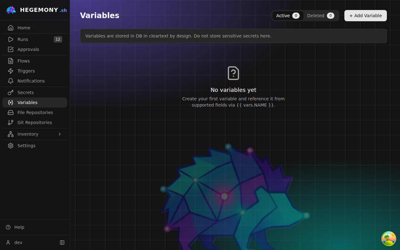 The Variables screen with global variables